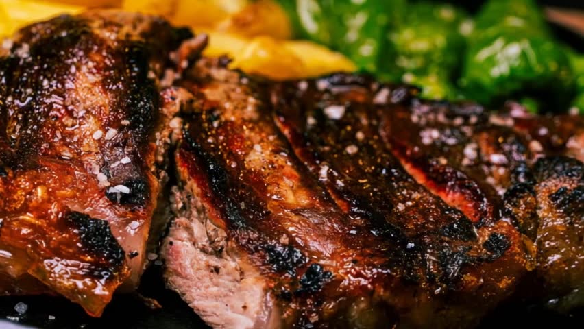 Grilled Ribeye Steak Close-Up with Vegetables and Fries