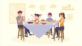 Animated loop of a happy family enjoying a meal together at home. Perfect for illustrating family time, dining, celebration, and lifestyle in a modern flat cartoon style. - Powered by Shutterstock - Get 15% off with code: PIKWIZARD15