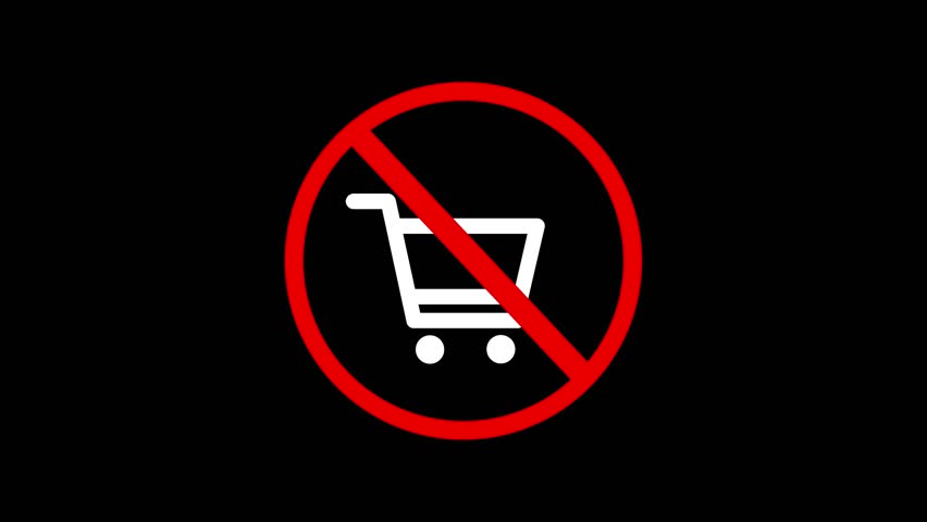 Stop shopping sold out motion graphic of shopping cart not allowed with a restriction sign on a dark background animated symbol