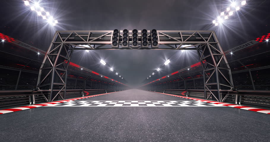 Racing track and checked finish line with steel gate and glowing floodlights illuminated sport stadium at night. Professional 4K video loop for racing sports advertising.