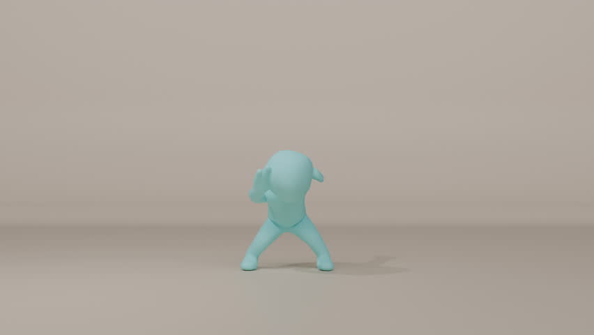A stylized 3D character performs a lively and energetic dance loop in a clean, minimal environment.