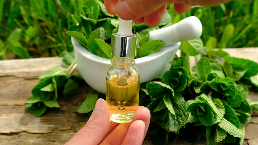 Peppermint extract essential oil and supplements. Selective focus.