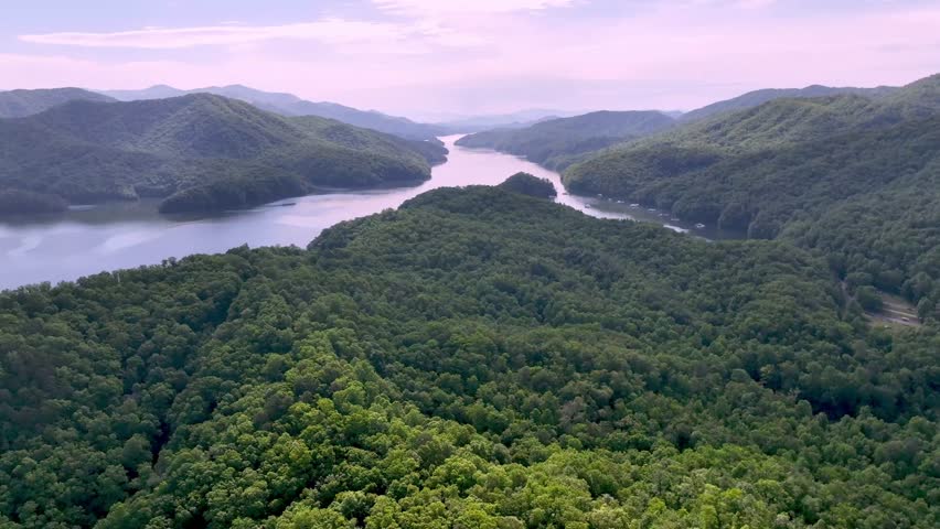 fontana lake aerial pan, beautiful lake in the mountains of nc, fontana dam