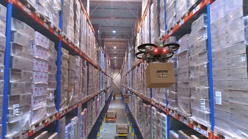 Futuristic warehouse concept. Cargo drones carry products in an automated warehouse. Smart logistics concept. AI robots for order picking. Warehouse drones