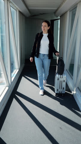 Slow-motion vertical front view of confident female traveler walking through airport jetway, pulling trolley suitcase with optimistic expression. Boarding time moment, modern travel lifestyle concept.