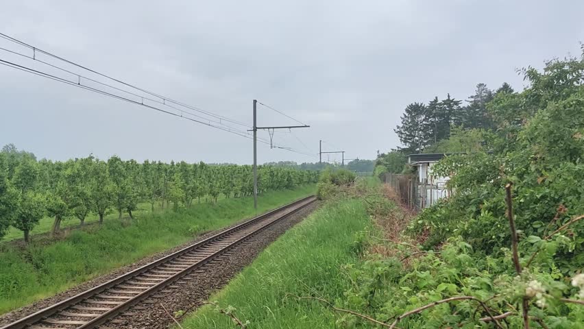 Train tracks running through a rural landscape surrounded by trees and fields in a tranquil setting