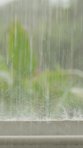 Zooming In on Heavy Rain Hitting Balcony Railing with Dense Tropical Plants and Trees in the Background Captured from Eye Level During Daytime Rainfall, Zoom Effect Present