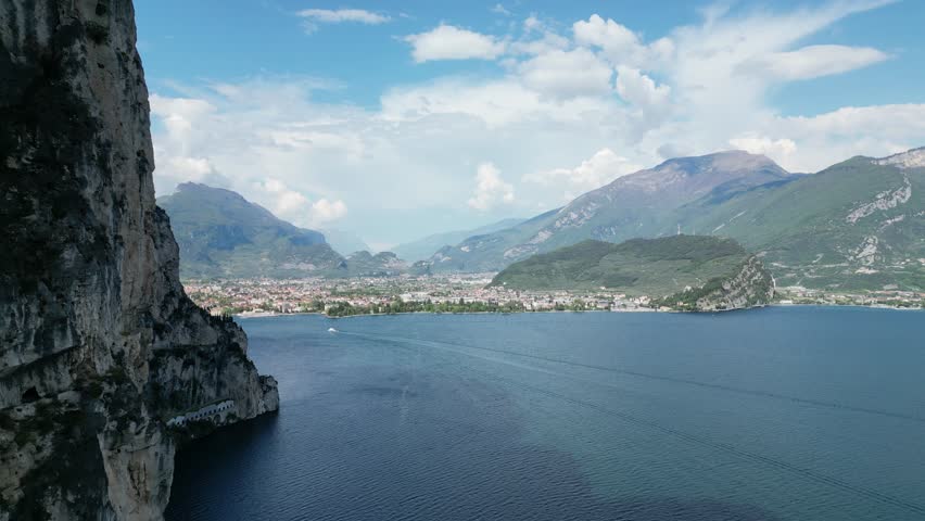 Famous bicycle road Sentiero del Ponale from Riva del Garda to Limone sul Garda. Famous biking roads near Riva del Garda on the northern part of Lake Garda.