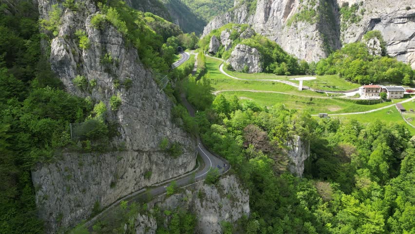 Aerial view of the amazing Limarò Canyon in northern Italy, next to Lake Garda. The Canyon has a special biking path and a lot of outdoor activities next to river Sarce.
