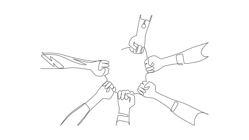 Self drawing animation of single one line drawing some superhero hands of various variations and colors. Seven heroes present ready to help humans. National Superhero Day. Full length animated