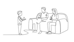 Self drawing animation of single one line drawing boy standing in front of father and mother who are sitting. Learning sign language. Language full love. Mother Father Deaf Day. Full length animated - Powered by Shutterstock - Get 15% off with code: PIKWIZARD15