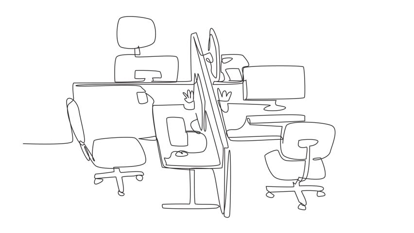 Self drawing animation of single one line drawing 4 rotating cubicle office boxes. Anti mainstream workspace design. Convenience during staff meetings. National Cubicle Day. Full length animated