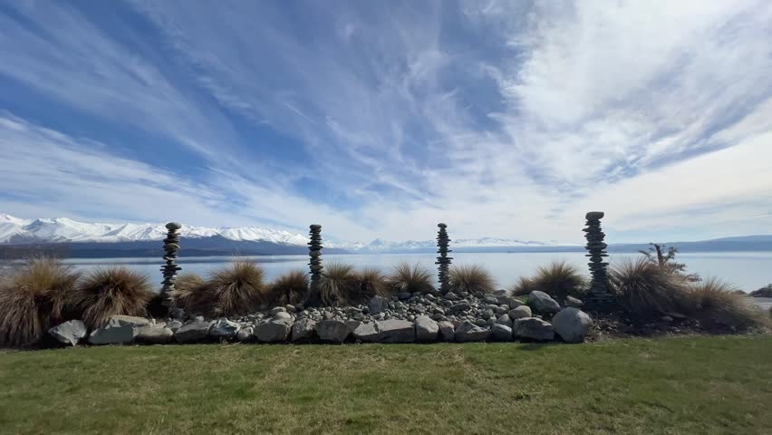 Static shot of tall rock stacks on a sunny morning with tussock grasses, Lake Pukaki, and Mount Cook in the background under wispy clouds