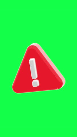 4K 3D animation of a red warning triangle with exclamation mark on green screen background, ideal for alerts, safety messages, caution signs, or hazard visuals