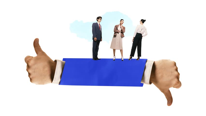 People standing on thumbs up and down. Animation. Stop motion. Mixed reviews and dual feedback reflecting diversity of client experience. Concept of evaluation, business, testimonials. 2 models