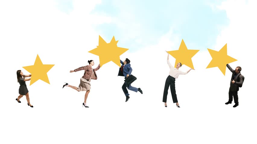 People holding rating stars. Animation. Stop motion. User feedback and emotional connection through five-star ratings. Good service. Concept of trust, branding, satisfaction, testimonials. 4 models
