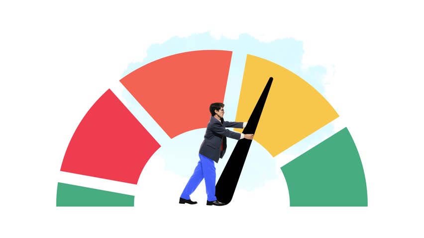 Animation. Stop motion. Man moving rating arrow. Influence and feedback-driven performance improvement reflecting direct impact of testimonials. Concept of business growth, analytics, marketing