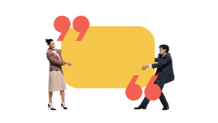 Man and woman holding quote bubble. Collaborative testimonial shaped by user opinions and mutual experience. Animation. Stop motion. Concept of partnership, brand voice, customer satisfaction