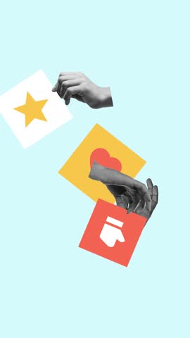 Hands holding feedback icons. Diverse customer reactions through symbols of love, approval, and rating. Animation. Stop motion. Concept of user experience, digital feedback, marketing, testimonials