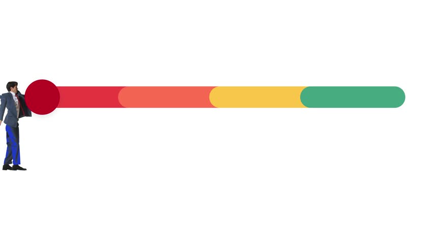 Man running through scale bar. Satisfaction scale driven by client reviews and brand performance metrics. Animation. Stop motion. Progress, service quality, user influence, testimonials concept