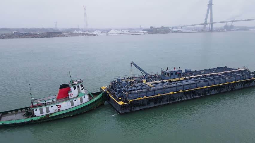 Tugboat pushes industrial barge near Gordie Howe Bridge on cloudy river morning