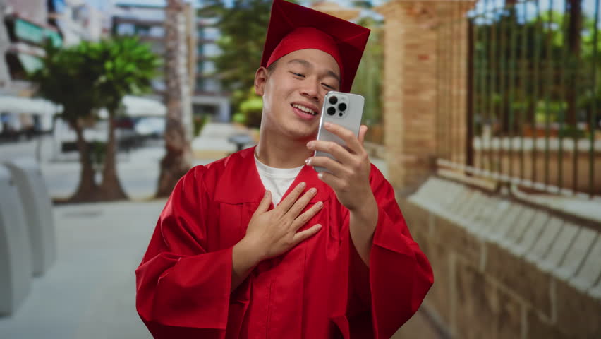Young man in graduation gown joyfully video chatting on smartphone outdoors in urban street setting with modern buildings and greenery in the background.