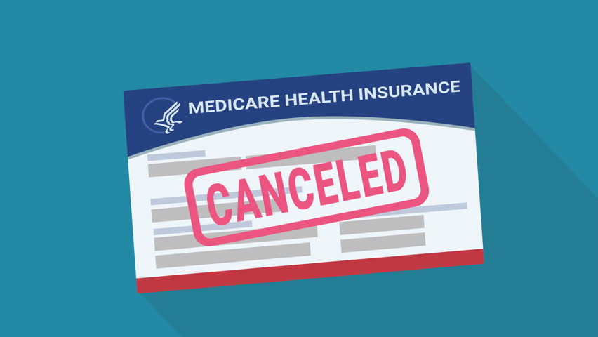Appearance of an American health insurance card "Medicare" with a red stamp "CANCELED" in flat style on a blue background with a long shadow