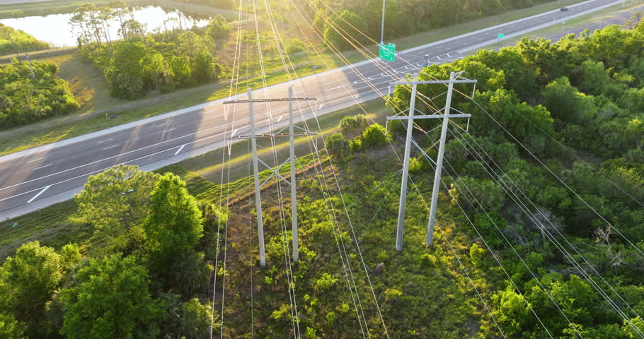 Power lines on tall steel pylons extend over highway with fast driving cars. Electricity transmission infrastructure in busy area.