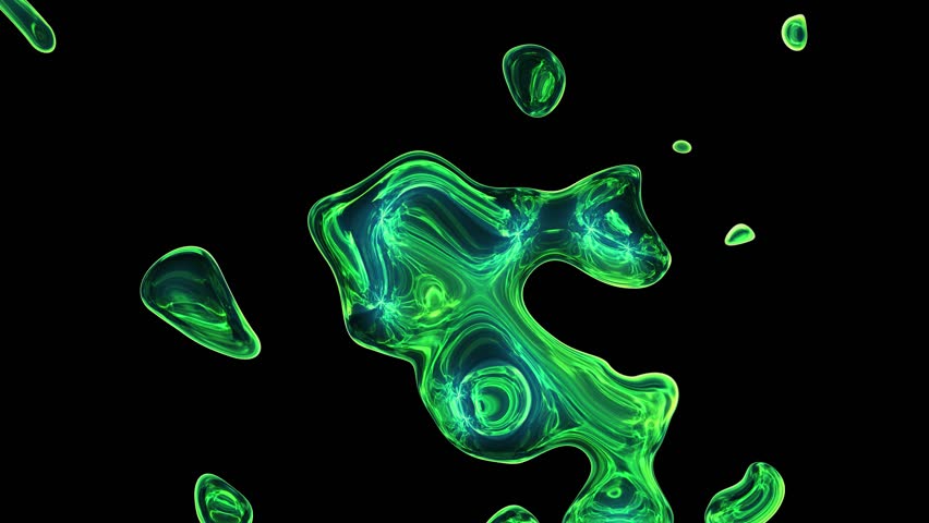 Abstract green liquid on isolated background. Flowing and connecting acid drops. 4k loop. Chemical substance black. Glow bionic liquid virus. Macro organic eco particles. Glossy shiny green liquid