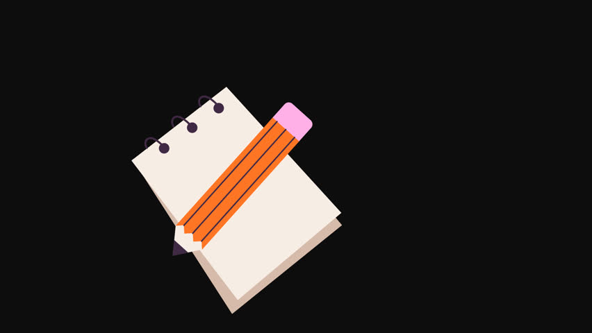 Animated 2D notebook icon in 4K resolution with transparent background (alpha channel). Seamless loop. Ideal for education, study, notes, writing, and digital learning content.