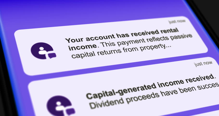 Passive income and interest payment incoming messages on smartphone screen, living off dividends, list of scrolling messages, footage 