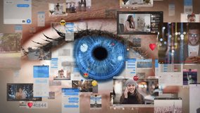 Animated Background with Virtual Social Media Reality Interconnected by Internet Into Worldwide Web. Eye Background. Internet of Things. Videos, Avatars, Emoji, Profiles. Metaverse. - Powered by Shutterstock - Get 15% off with code: PIKWIZARD15