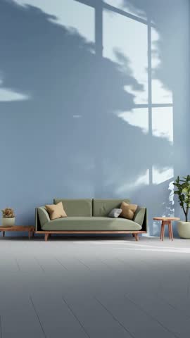 Modern interior with green sofa, wooden side tables, and plants against a beige wall with window shadows and blue background.