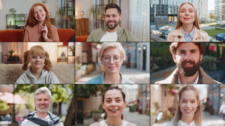 Portrait collage of happy joyful people men women diverse gender different ages ethnicity smiling friendly, glad expression looking at camera dreaming, resting, relaxation feel satisfied good news.