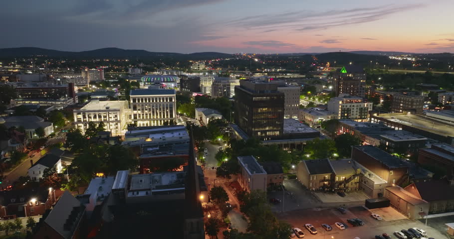 Panoramic cityscape with old historical architecture in Huntsville, Alabama. Southern American architecture in evening.
