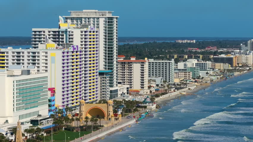 Coastal architecture in Daytona Beach, Florida. Luxury hotels and condos line the beach in this famous southern American travel destination.