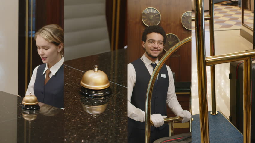 Split screen shot of hotel staff working - female Caucasian administrator filling out online documents and smiling Biracial male porter posing with luggage cart, details of service profession