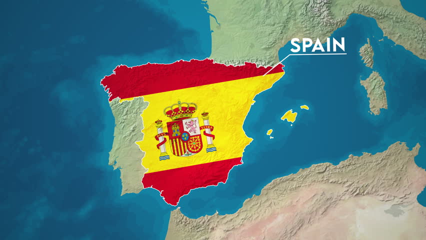 Zoom from Earth to Spain. (Country Flag) World map animation with highlighted country borders. Europe Cinematic 3d world map animation highlights aerial views, tourism, and travel. 4k