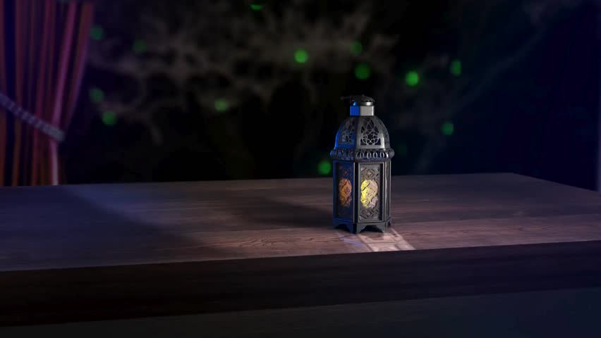 Eid Al-Adha - Elegant Black Lantern on Wooden Table Festive Ramadan Atmosphere Night Scene
