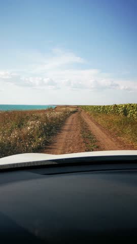 The car is a dirt road. Travel by car along the shores of the turquoise sea and wheat fields. View from the car interior from the driver's view. Beautiful authentic vertical footage. Summer vacation