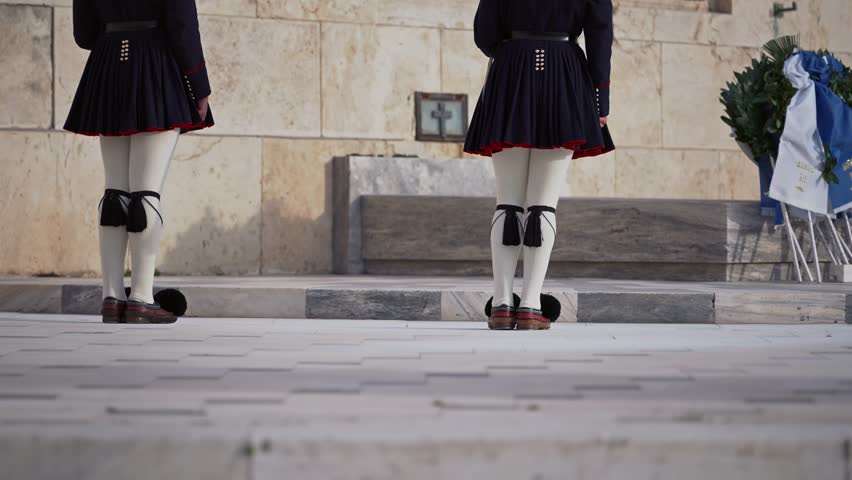Evzones in front of the Monument of the Unknown Soldier, next to the Greek Parliament, Syntagma square, aerial shot