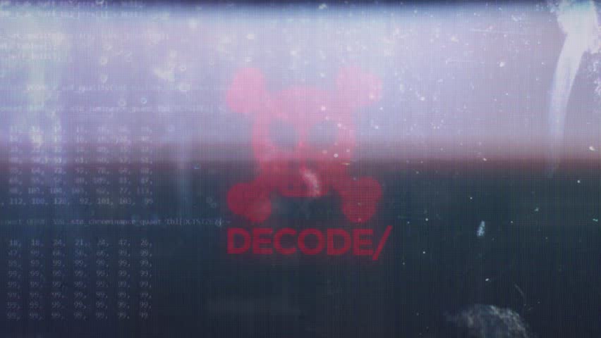 Decode on Hacker VH Skull pirates and cyberattack symbol with glitch