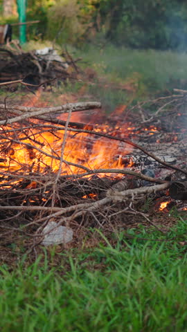Dry branches burning brightly in a field of grass generating dense smoke and flames against the natural landscape