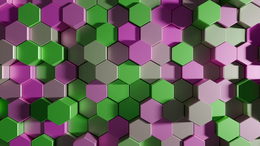 Green And Pink Hexagons Background Go Up And Down Random Abstract. 3D Illustration
