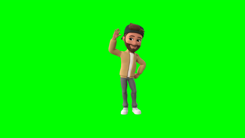 3D green screen animation of Reman, a cheerful man waving with friendly gesture. Ideal for digital content, presentations, explainer videos, and virtual communication scenes.