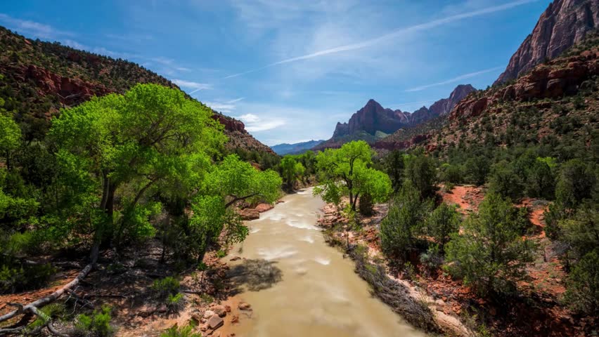 Scenic View of Virgin River Winding Through Zion Canyon, Utah