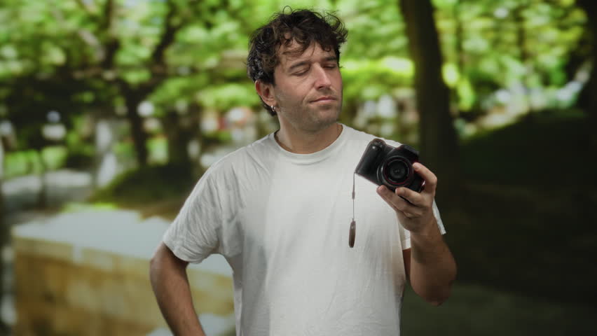 Handsome man holding camera in green park setting, capturing photography moments with focus on nature and tranquility during a sunny day outdoors