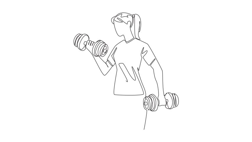 Self drawing animation of single continuous line drawing a woman lifting dumbbells in each hand. Exercise to become stronger and healthier. Needs of woman. National Fitness Day. Full length animated