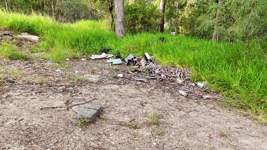 A sequence showing trash accumulation in a natural setting, highlighting pollution issues. Daylight illuminates the scene, emphasizing environmental neglect