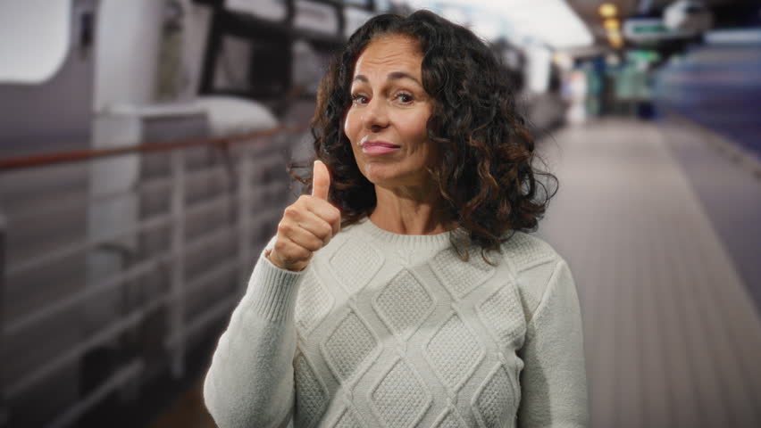 Woman smiling with curly hair giving thumbs up in an outdoor port near boats against a blurred seaside background.